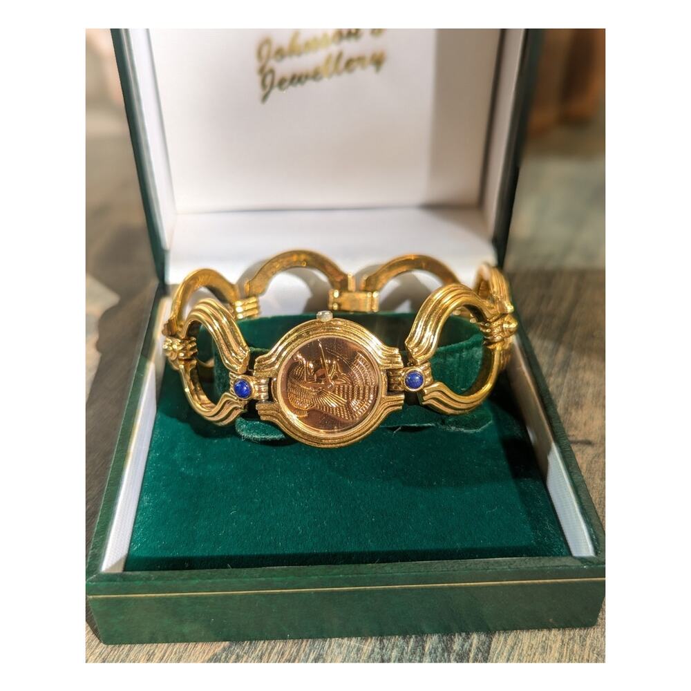 The Franklin Mint 1988 Cleopatra Bracelet Watch Lapis Lazuli 22k Gold EP Swiss